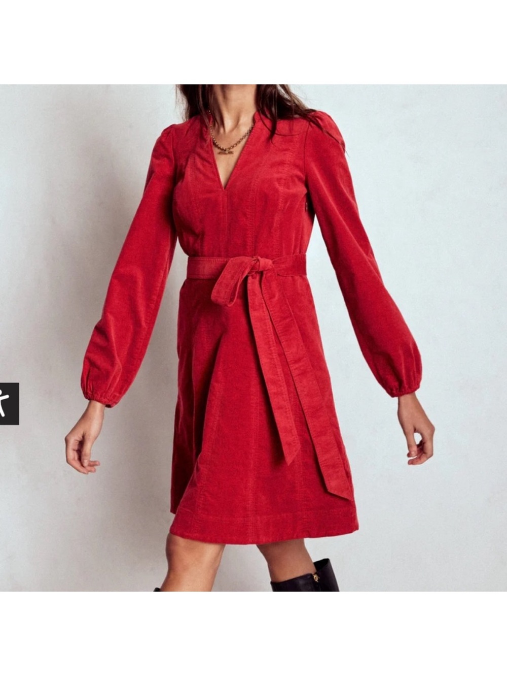 Boden Crimson Red Corduroy V-Neck Long-Sleeve Tie-Waist Dress size 8R NWT